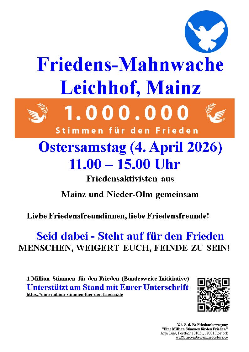 Ankündigung der Mahnwache am Ostersamstag von 11 bis 15 Uhr